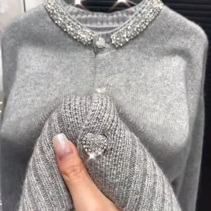 Sparkling Rhinestone Sweater Women 2025 - Heavy Duty Knit Cardigan, French Style Round Neck Long Sleeve Blouse, Y2K Shiny Glitte