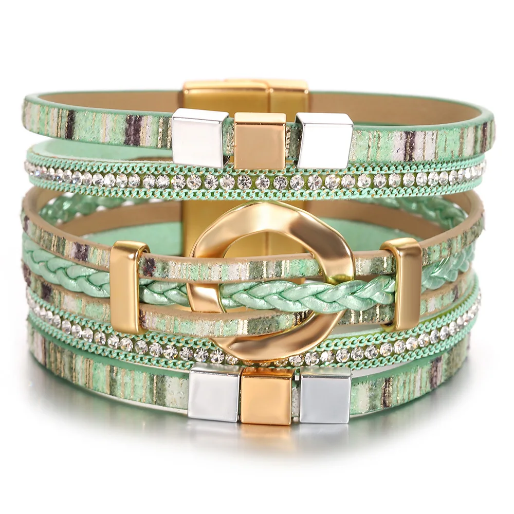 ALLYES Boho Colorful Braided Leather Bracelet Chunky Jewelry Vintage Square Circle Multilayer Wrap Bangle Bracelets for Women