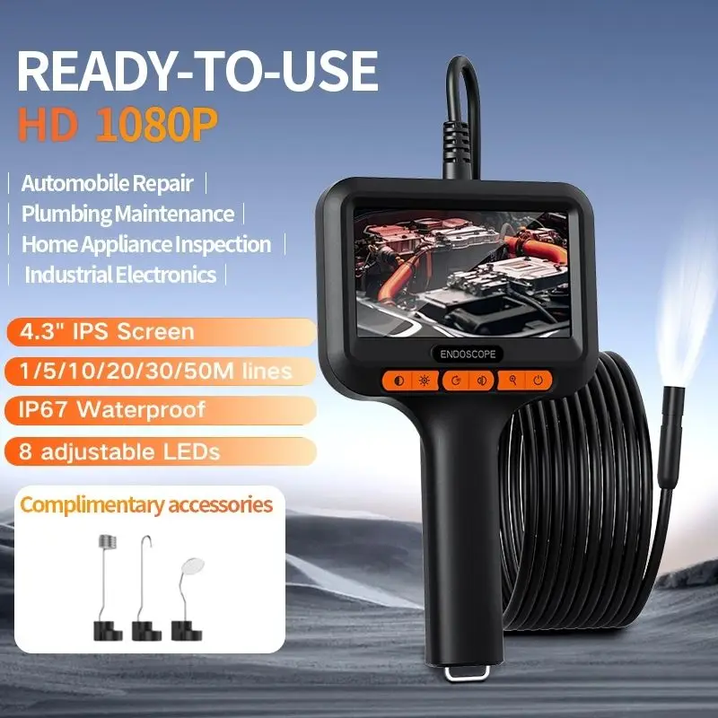 8.0mm 1m/5m/10m/15m/20m/30m/50m Endoscope Camera HD 1080P 4.3 Inch IP6 Waterproof Car Pipe Sewerage Inspection Borescope 2600mAh