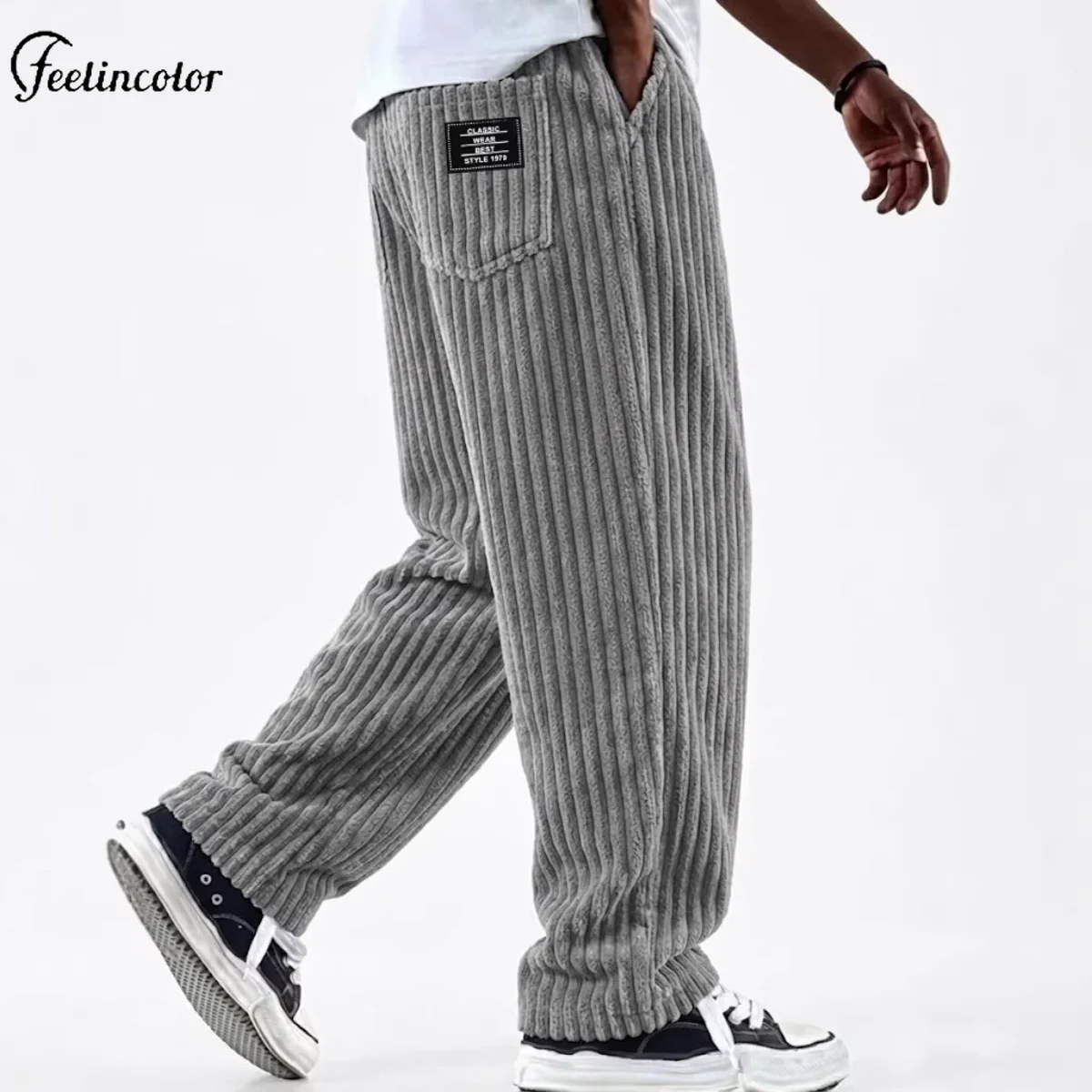 Retro Vertical Striped Men's Pants Corduroy Autumn Casual Pocket Trousers Loose Straight Bottoms Fashion Sports Male Clothing