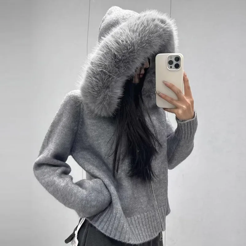 Knitwear Cardigan Women Spring Fashion Knitted Jacket Female Autumn Hooded Real Fox Fur Coat Natural Short Fur Coat Casual
