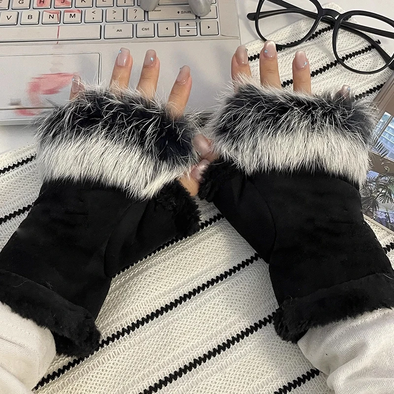 1Pair Women Winter Warm Half-finger Gloves Lolita Faux Rabbit Fur Hand Wrist Winter Warmer Fingerless Gloves Fashion Accessories