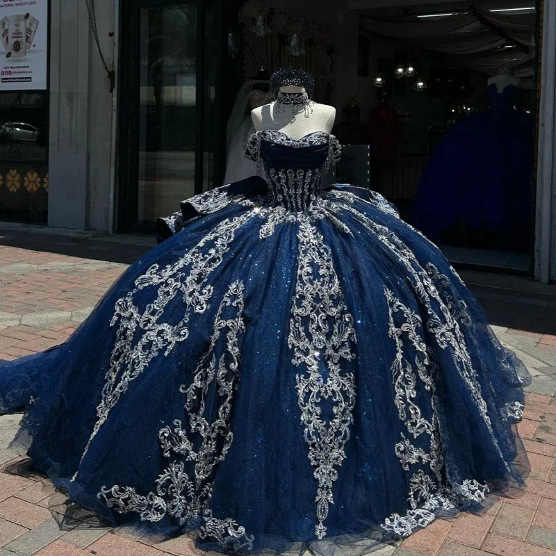 Customized Glittering Navy Blue Quinceanera Dress Sliver Flower Lace Beading Birthday Party Princess Vestidos 15 Anos Prom Gown