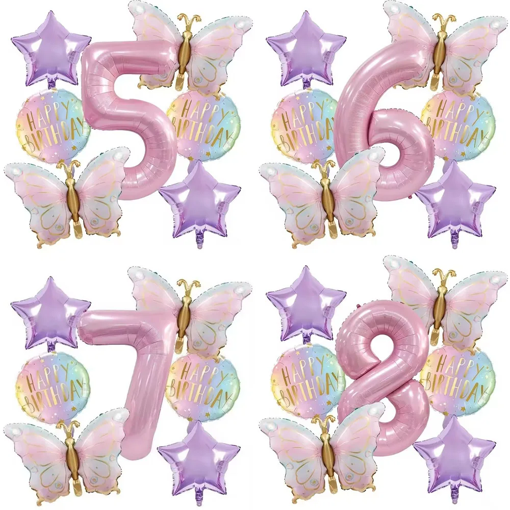 7Pcs Pink Butterfly Number Balloons Combo Set for Birthday Celebrations Kids' Parties Baby Showers Decor Birthday Party Balloon