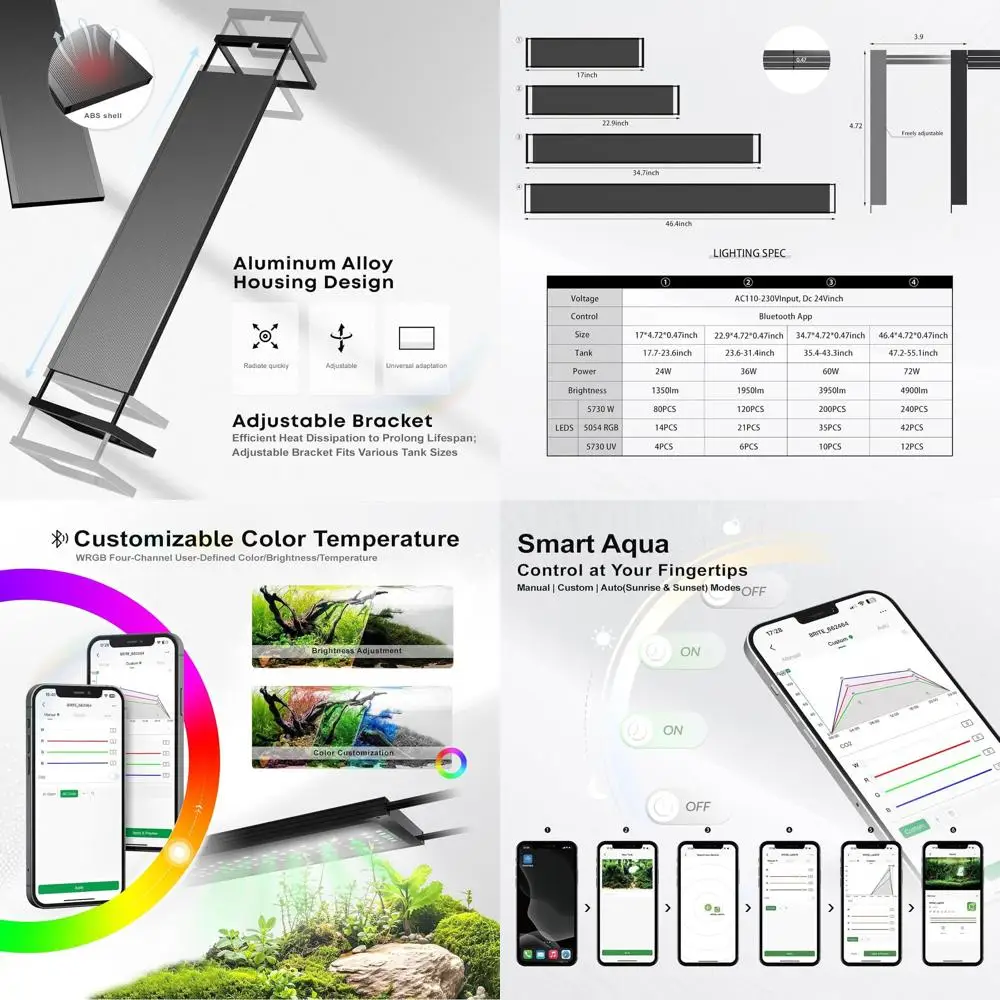 Auto Aquarium LED Light with App-Controlled RGB+W, ADA Style Bracket, Customizable Settings (90cm)