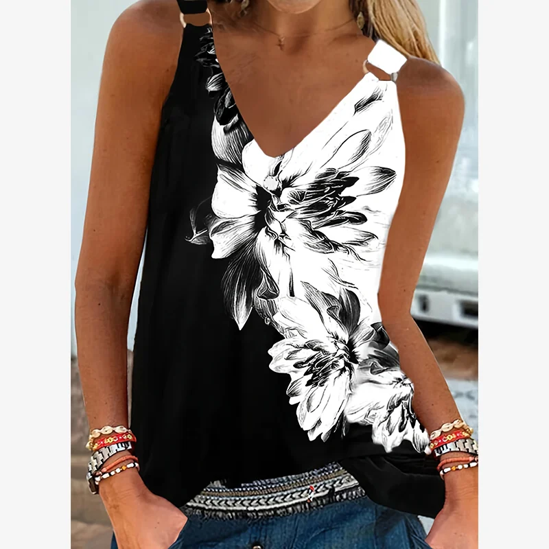 Women's Elegant V-Neck Floral Print Tank Top Fashionable Commuting Summer New Style Daily Wear Camisole