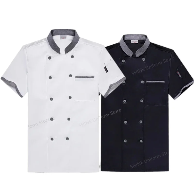Waiter Short sleeve Chef Uniform for men chef Coat Outfit Kitchen Work Jackets Cook Wear black apron Restaurant Cooking Clothes
