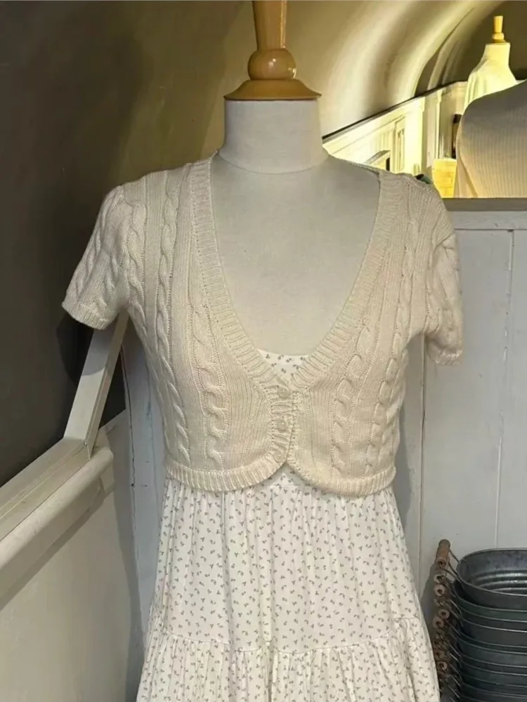 Solid Twist Flower Knitted Cropped Cardigan Woman V-neck Single Breasted Short Sleeve Crop Tops Autumn Sweet Cotton Knitwear New