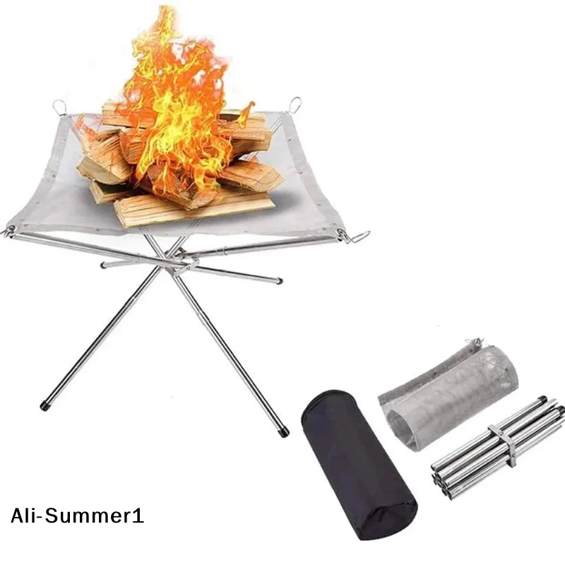 Portable Outdoor Fire Pit Collapsing Steel Mesh Fire Stand Stove Wood Heater Camping Supplies Backyard Garden With Carrying Bag