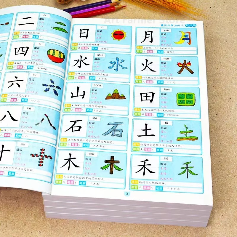 4pcs Picture Book 3000 Words Chinese Characters Pinyin Han Zi Read Early Education Literacy Enlightenment Kids Aged 3-8 Years