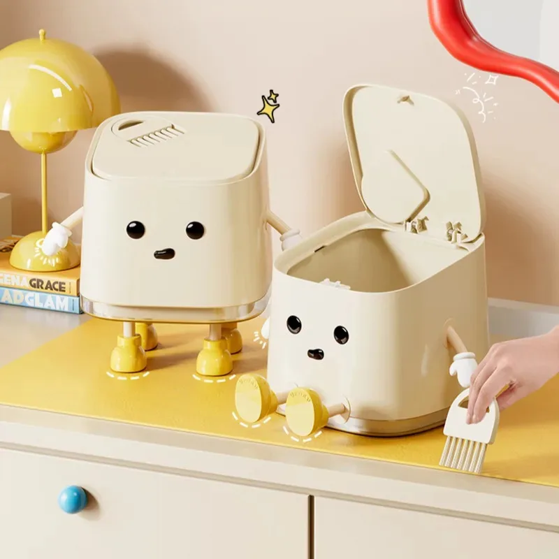 Desktop Mini Trash Can Press To Open The Cover Plastic Trash Can Household Living Room Bedroom Rubbish Storage Bucket