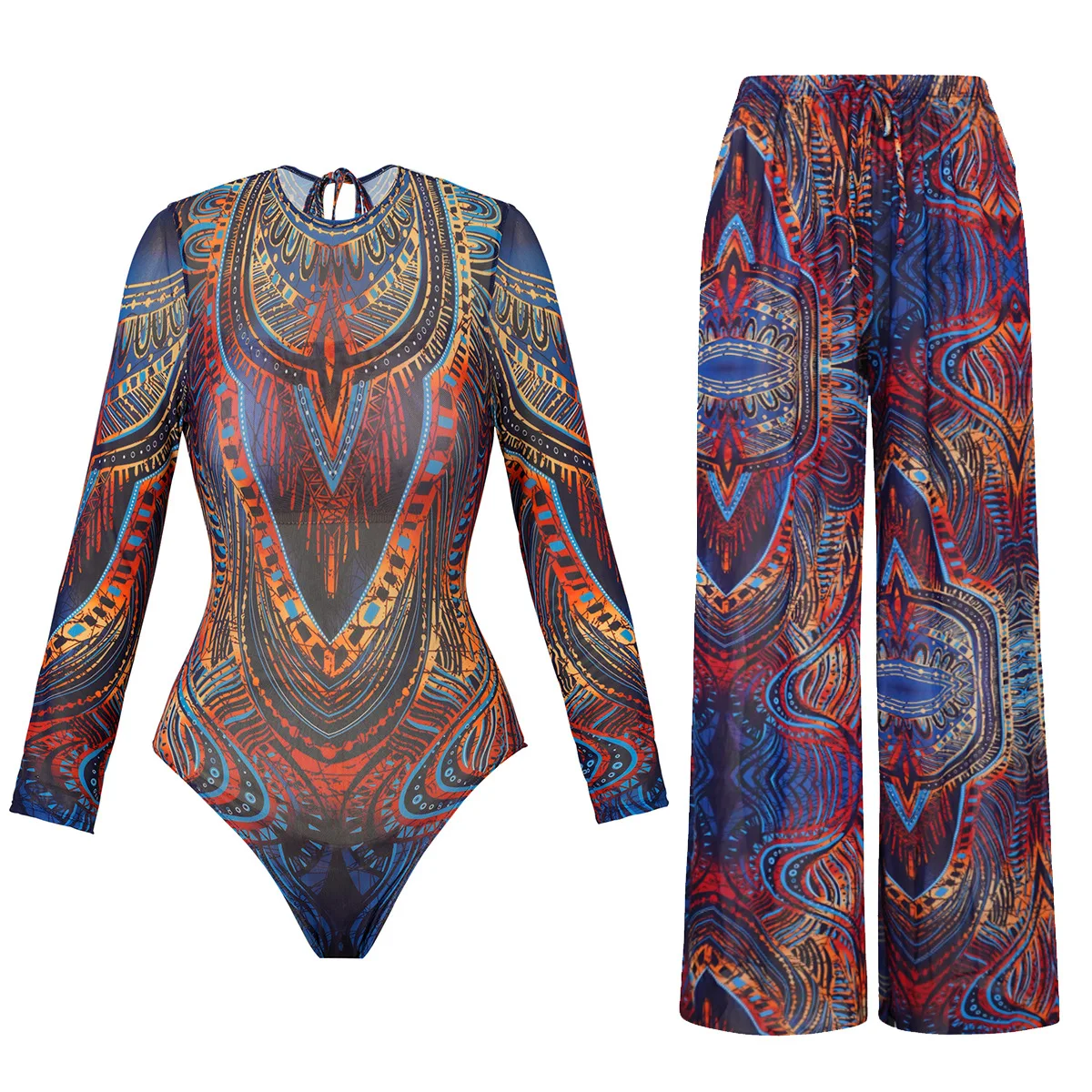 2025 Plus Size UPF50 Sheer One-Piece Set Swimsuit With Pants Women Sexy Rash Guard Swimwear Bodysuit Beachwear