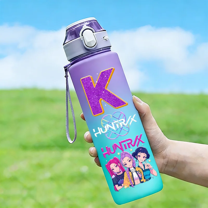 Cute Demons Hunter Gradient Water Bottles 750ml KPop Movie Girl Letter A-Z Straw Drink Cup Portable High-capacity Outdoor Bottle