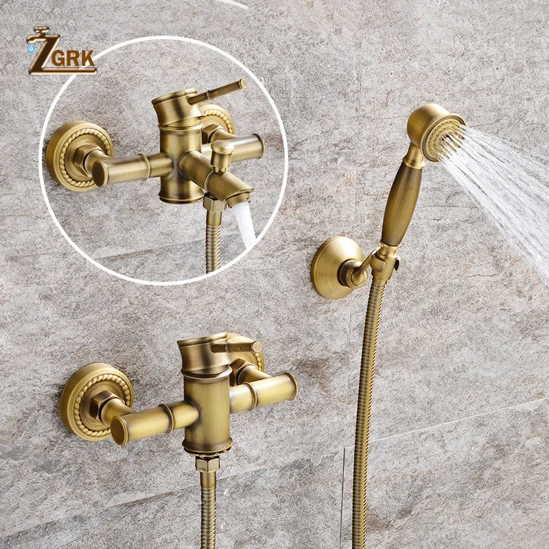 ZGRK Shower Faucets Antique Brass Wall Mounted Bamboo Bathroom Faucet Shower with Handheld Bathtub Faucet Water Mixer Crane Tap