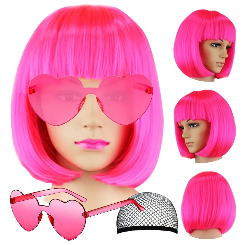 Synthetic Hot Pink Bob Wig+Sunglasses for Women Short Straight Neon Bob Wig with Bangs, 12" Colorful Funny Wig for Party Cosplay