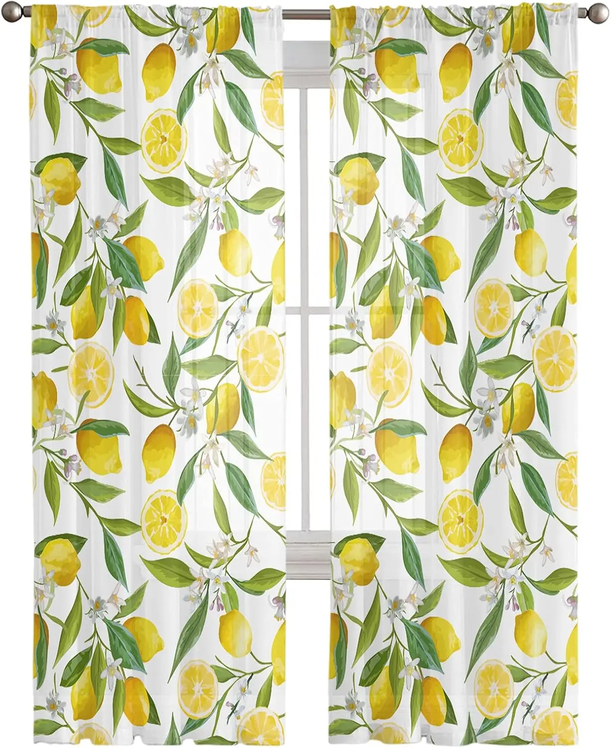 Lemon Sheer Curtains 84 Inch Length 1 Panels Set, Summer Garden Fruit Lemon and Leaves Semi door curtains Rod Pocket