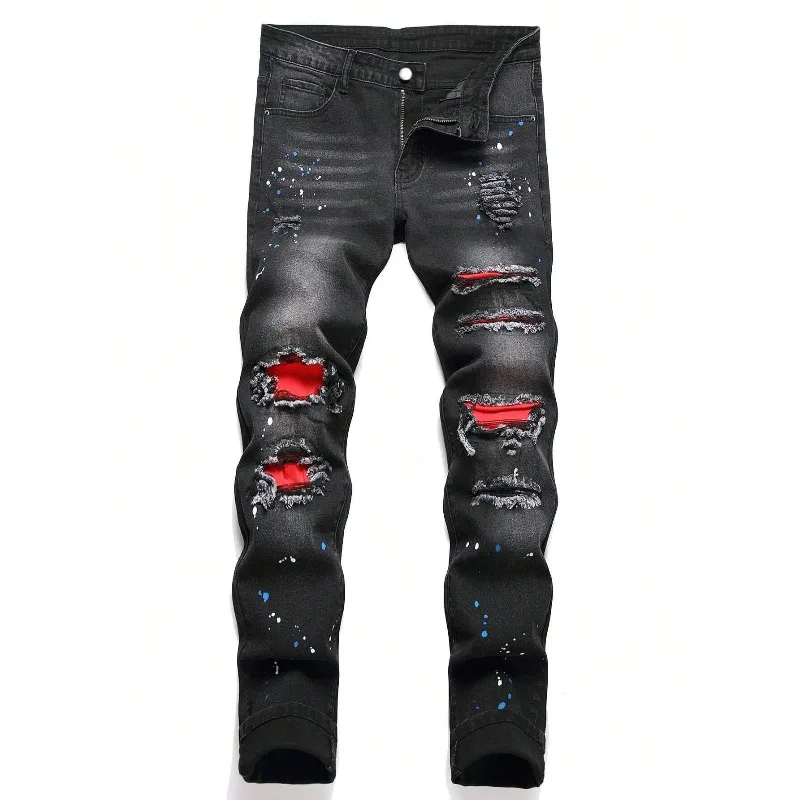 2025 Autumn New Stretch Jeans Fashionable Ripped Patchwork Slim European American Pants Male Paint Dot Hip Hop Denim Trousers