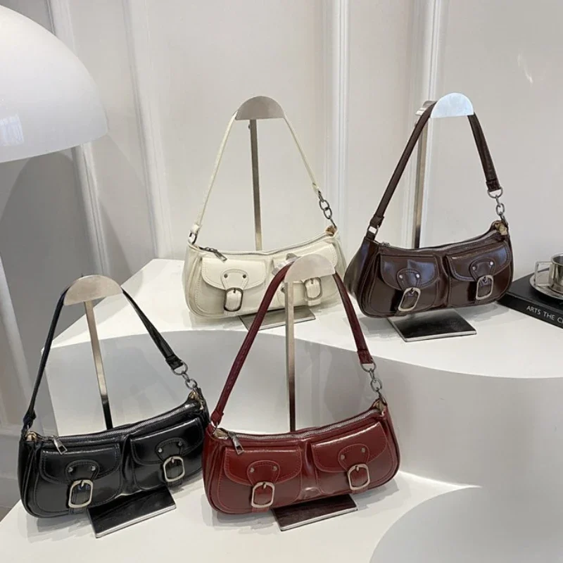 PU Leather Baguette Bag: Two-Pocket Top Handle & Shoulder Bag for Women | 2025 Fall/Winter Solid Color Y2K Vintage Style