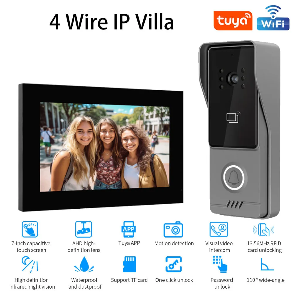 4-Wire Digital Video Intercom System 7/10 Inch Wireless WIFI Monitor 1080P Doorphone Camera Video Doorbell Card Tuya App Unlock