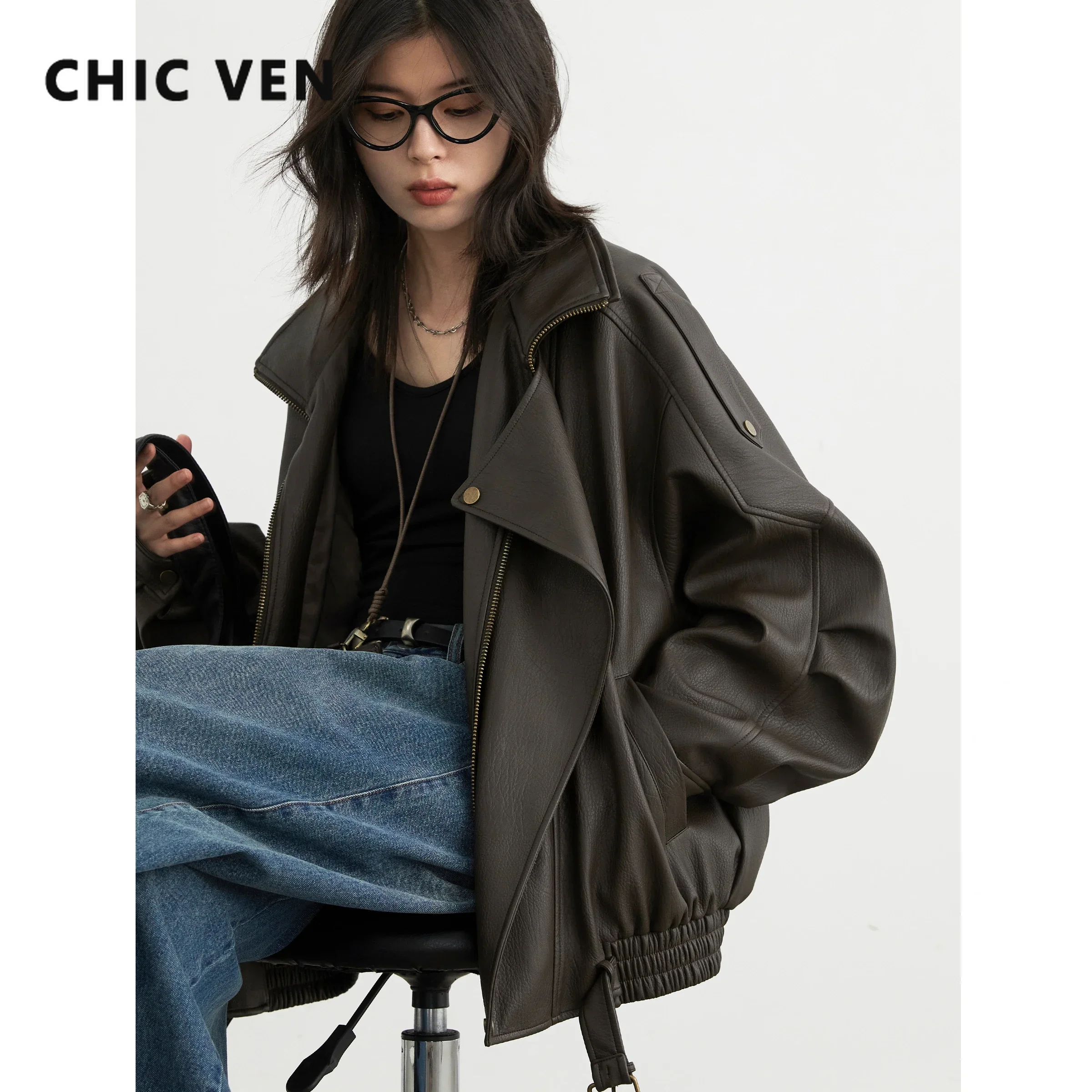 CHIC VEN Female PU Jacket Solid Loose New Retro Standing Collar Motorcycle Faux Leather Coat Female Top Spring Autumn 2026
