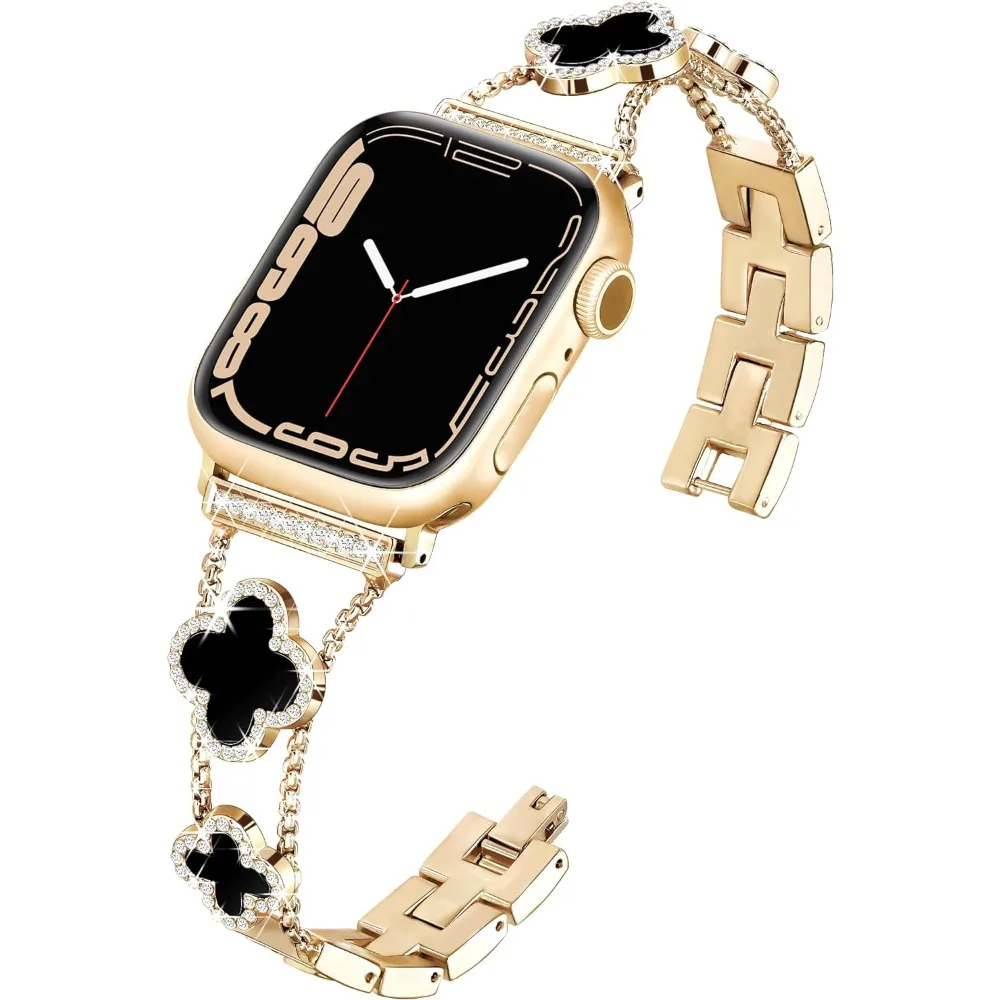 Shiny metal watch strap for Apple Watch Women's 38-49mm Series 9-1 SE Ultra, cute lucky four-leaf clover