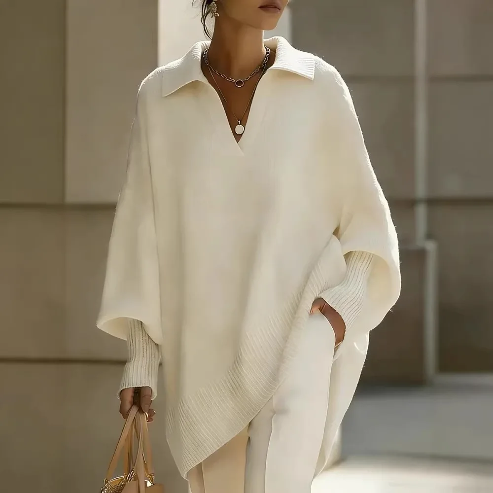 Women's Loose POLO Neck Pullover Knitted Sweater Shoulder Design Casual Style Autumn Winter Outerwear Knitwear Coat