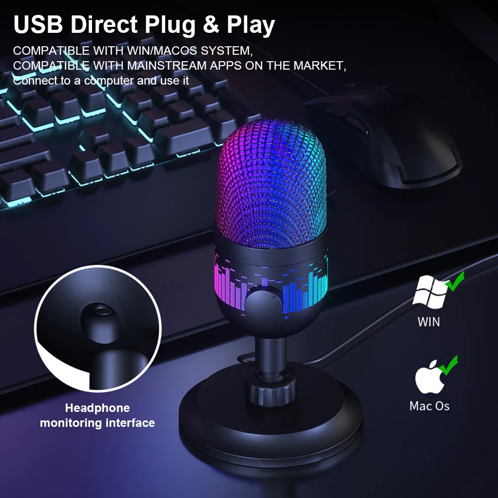 USB Condenser Microphone RGB Gaming Microphone 192KHz/24Bit Computer Microphone for Gaming Streaming Recording