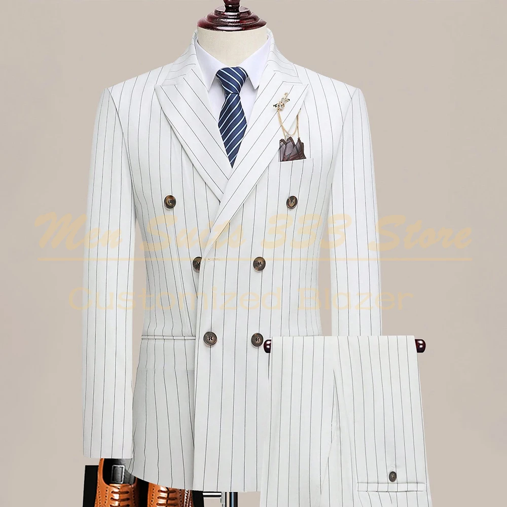Luxury White Pinstripe Men's Suits High Quality 2 Piece Jacket Pants Outfit Fashion Double Breasted Peak Lapel Slim Fit Clothing