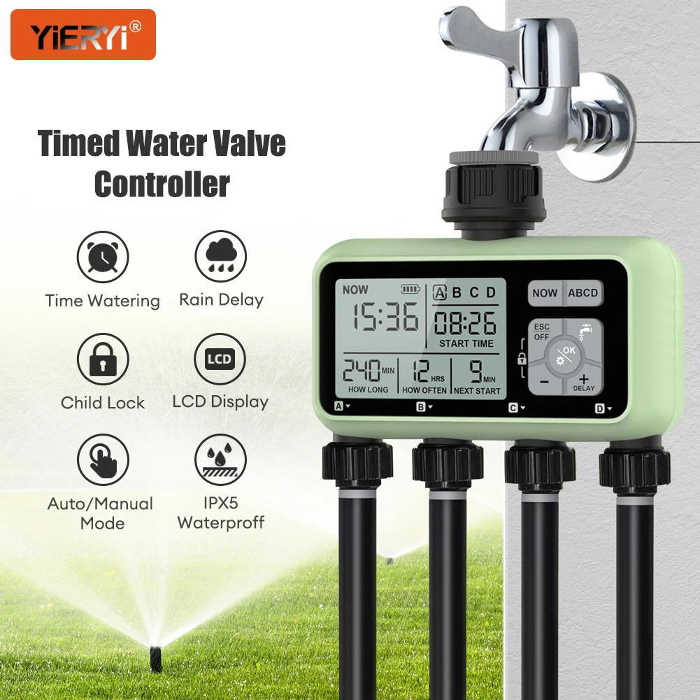 Water Timer 4/3outlet Valve Controller Automatic Irrigation System for Garden Lawn Plants IPX5 Waterproof Garden Watering System