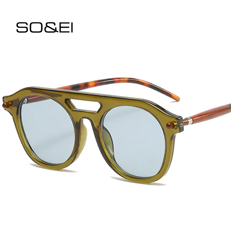 SO&EI Retro Double Bridges Pilot Men Rivets Sunglasses Fashion Clear Gradient Shades UV400 Women Brand Designer Punk Sun Glasses