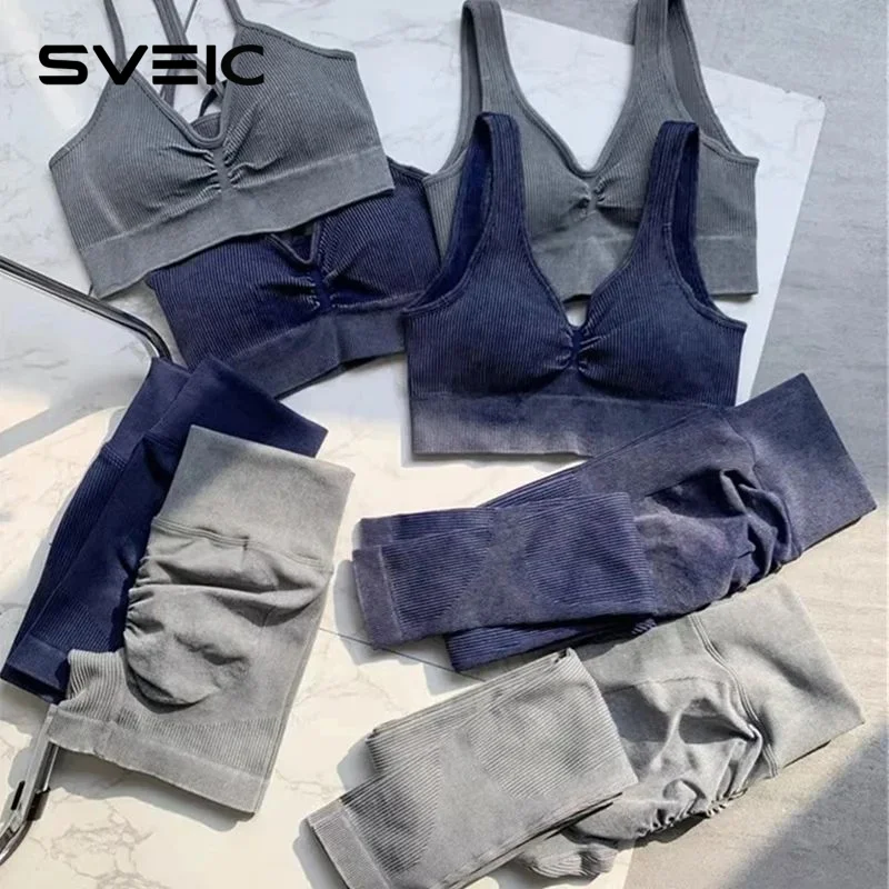 SVEIC Fitness Seamless Yoga Set Ribbed Sport Bra Washing Knitting Top Sportswear Leggings Workout Suit Gym Women Outfit Clothing