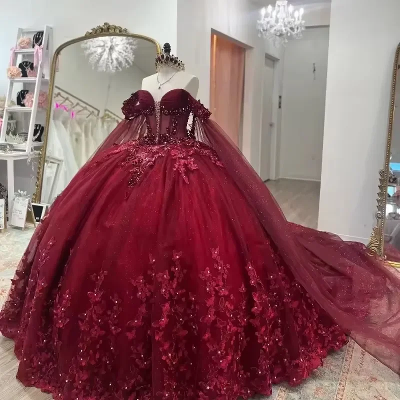ANGELSBRIDEP Glittering Burgundy Quinceanera Dress Luxury Butterfly Lace Beading Vestidos De 15 Anos Birthday Party Princess