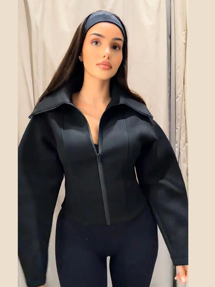 Women's Black Lapel Zipper Jacket Elelgant Long Sleeve Waist Slim Cropped Coat Lady 2026 Spring Chic Casual Street Outerwear