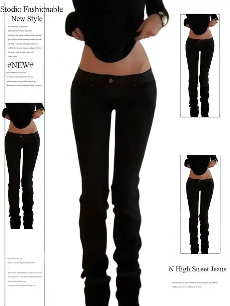 Women's Denim Pants Low Rise Jeans American Retro Black Bootcut Jeans Y2k 2000s Harajuku Skinny Jeans Stretch Japanese Gyaru New