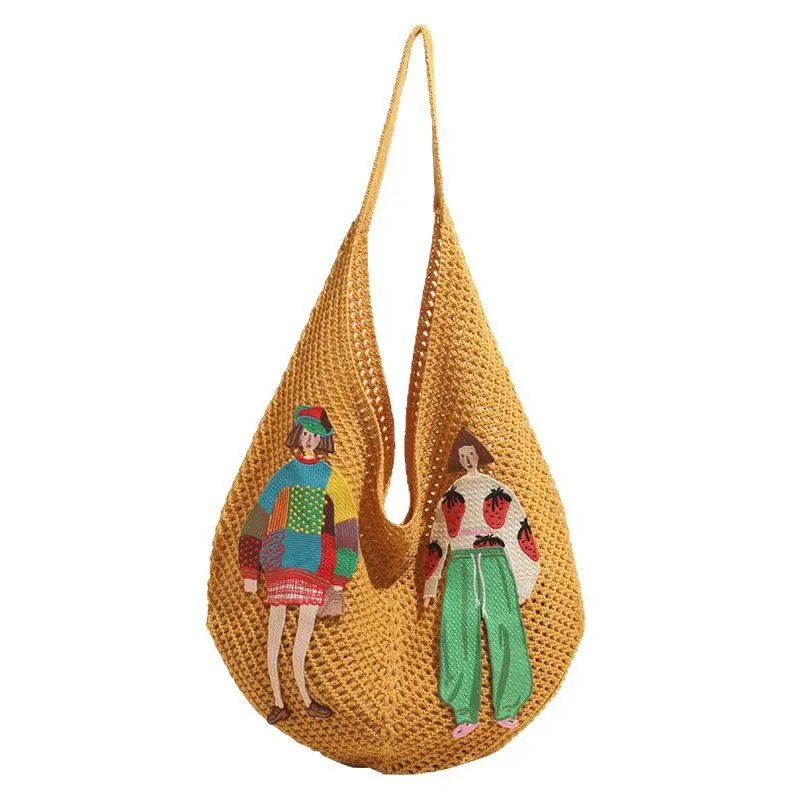 Hollow Mesh Knitted Shoulder Bag Beach Vacation Slouchy Chic Cartoon Tote Bag Lightweight Laid-Back Casual Woven Women Handbag