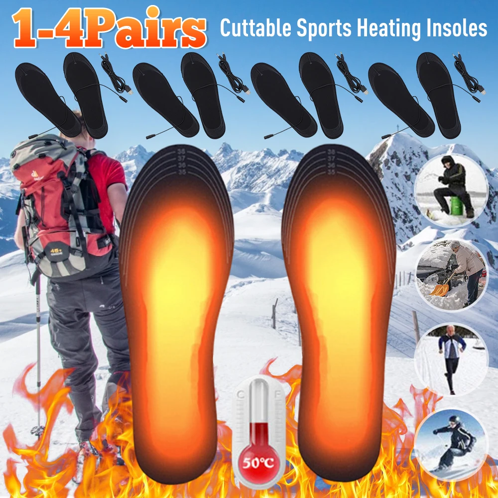 1-4Pair Cuttable Heated Insoles Adjustable Temperature Foot Warm Pad USB Rechargeable for Winter Skiing Hiking Camping Outdoor ﻿