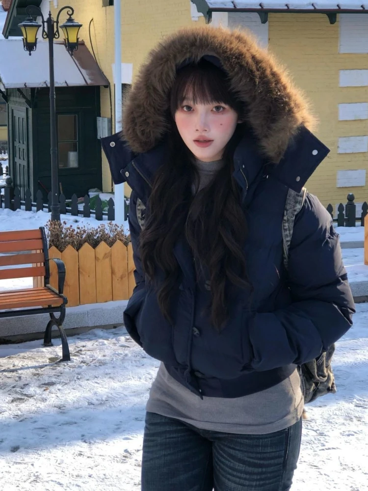 Women's Oversized Casual Big Fur Collar Thickened Coat 2025 Winter New Short Down Jacket Korean Loose Parka Coat Lady Outerwear