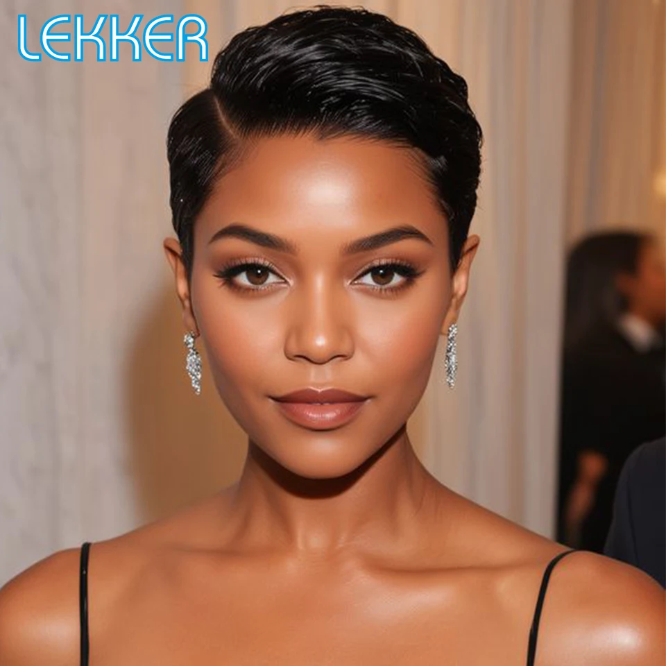 Lekker Black Short Pixie Cut 13X1 C Part Lace Front 100% Human Hair Wig For Women Without Glue Brazilian Remy Hair Clearance