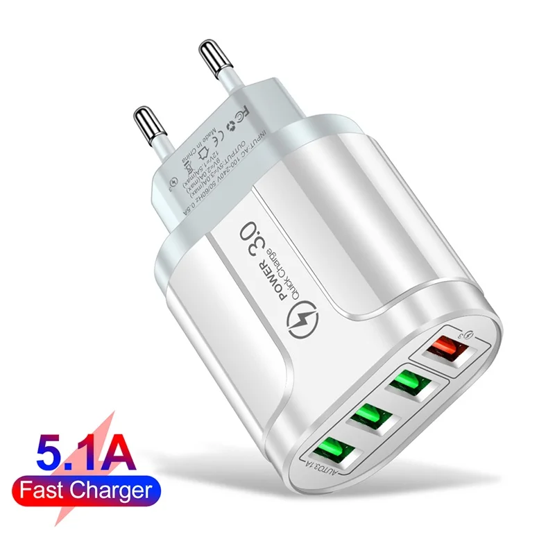 48W Fast Chargers EU/US Plug 4 Ports USB Charger Quick Charge Mobile Phone Charger Wall Travel Adapter For iPhone Samsung Xiaomi