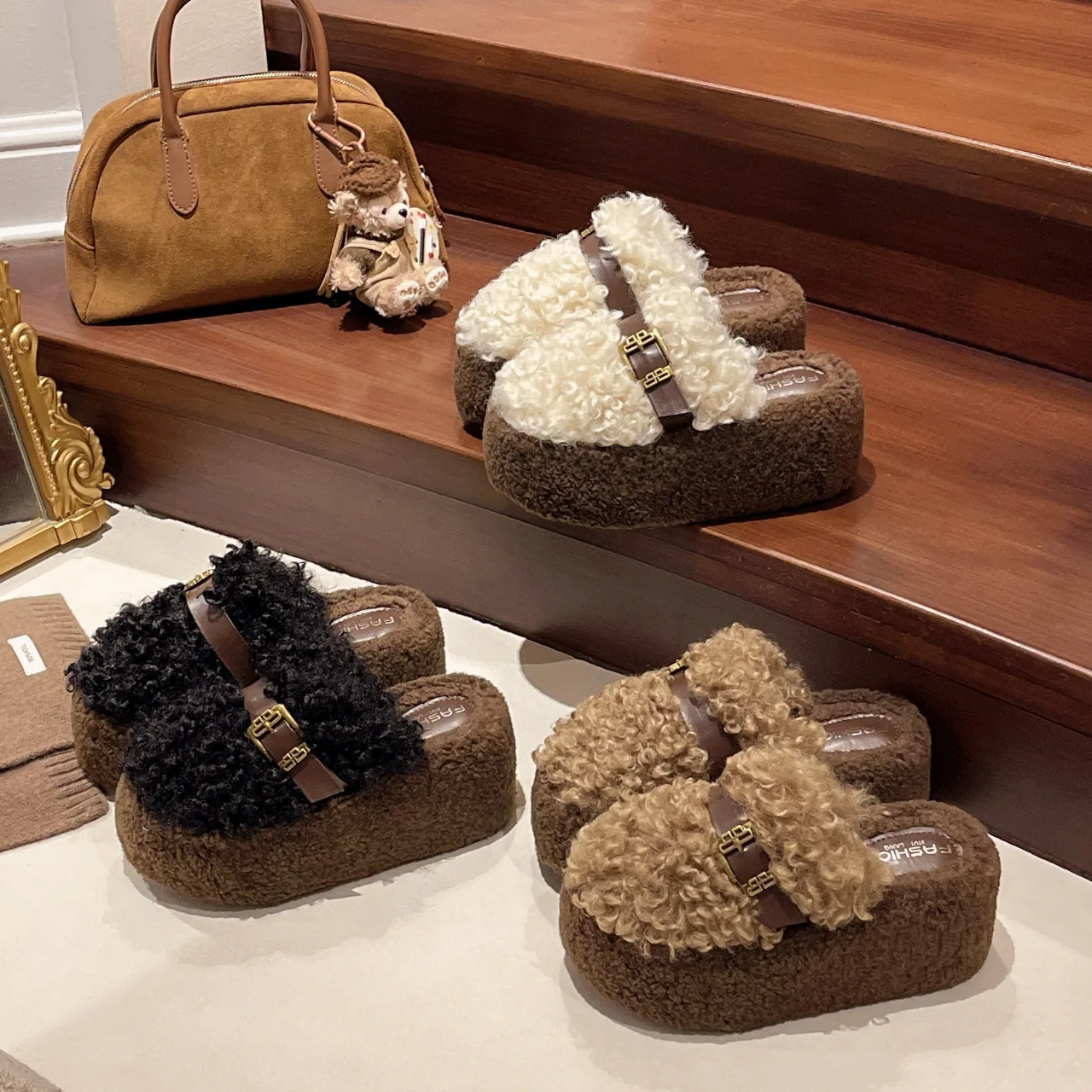 Retro Thick Bottom Fur Slippers Women's Outdoor Wear Autumn Winter Korean Style Comfortable Curly Hair Slippers Cotton Slippe...