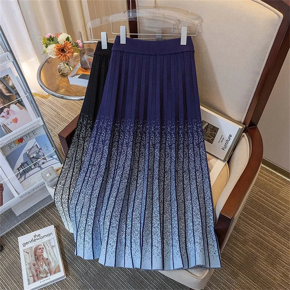 Korean Fashion Autumn Winter Thick Skirt Women's Elastic Waist Pleated Simple High Waist Loose Mid-length Knitted A-line Skirts