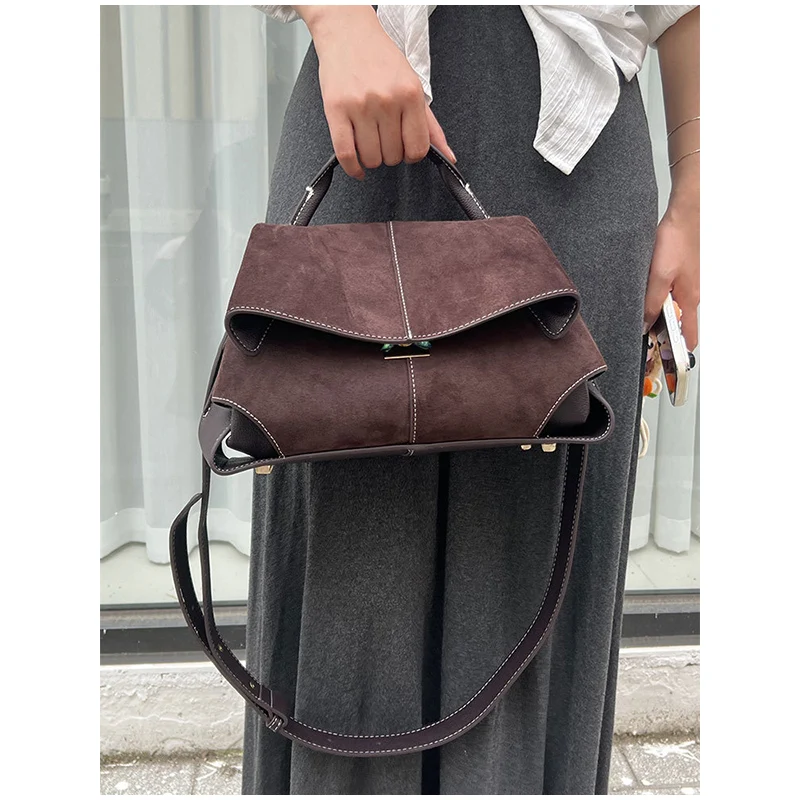 Women Frosted Handbag High-end Suede Flap French Shoulder Bag Luxury Trapezoidal House Shape Bag Messenger Bag Commuter Tote Bag