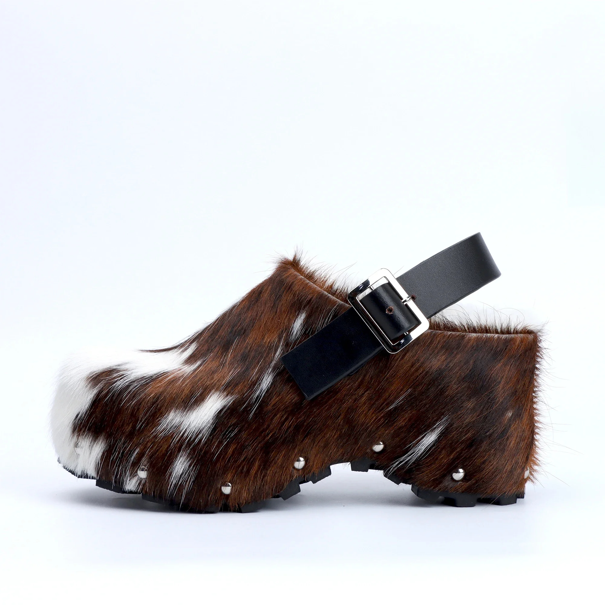Designer Italy Winter Shoes Women Fur Sandals Calf Hair Platform Clogs Luxury with Wool Lined Slip On Mules with Leather Strap