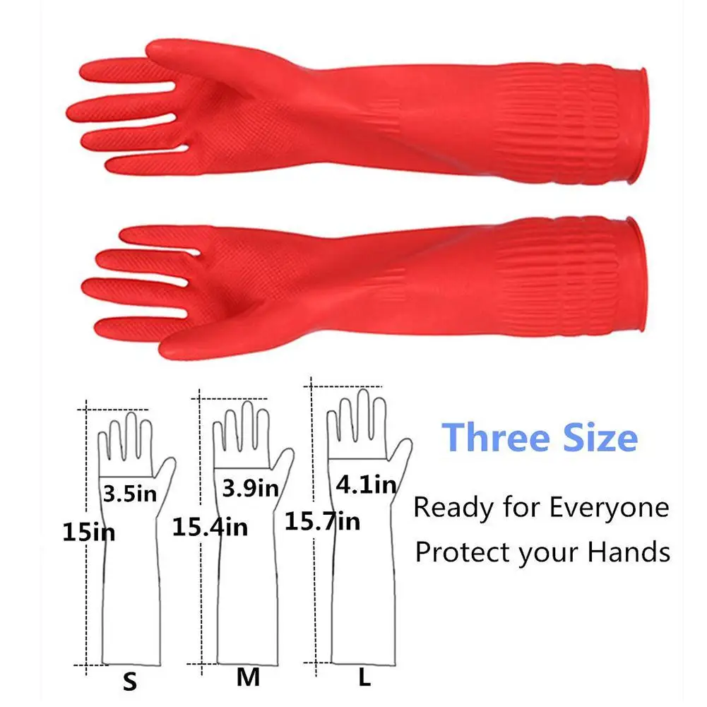 Kitchen Red Gloves Washing Dishes Cleaning Washing Red Gloves Thick Protective Waterproof Long Sleeve Rubber Latex Gloves Tool
