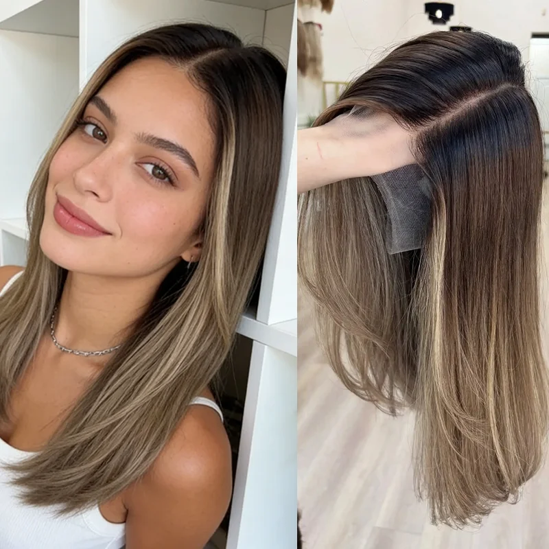 Synthetic and blend lace wigs Ombre Ash Blonde Highlights Colored High Quality as Jewish Wig Texture 13x4 HD Lace Front Wigs