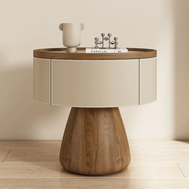 Furniture Solid Wood Oval Saddle Leather Bedside Tables,Household Bedroom Headboard Storage Rack Nightstand