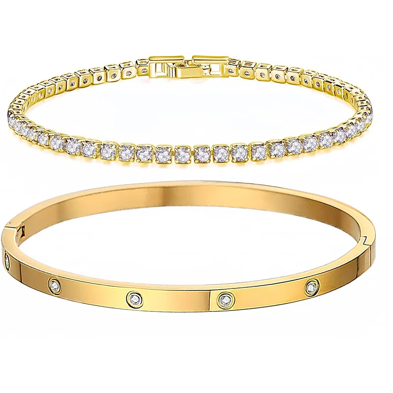 2Pcs/Set 18K Gold Plated Dainty Tennis Bracelets Love Bangle Bracelets 4/6mm Cubic Zirconia Classic Tennis Bracele for Women