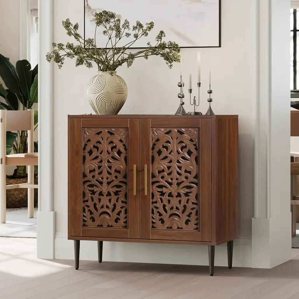 Accent Cabinet with 2 Doors, Vintage Hollow Carving Buffet Cabinet, Sideboards and Buffets with Storage, Credenza, Customized