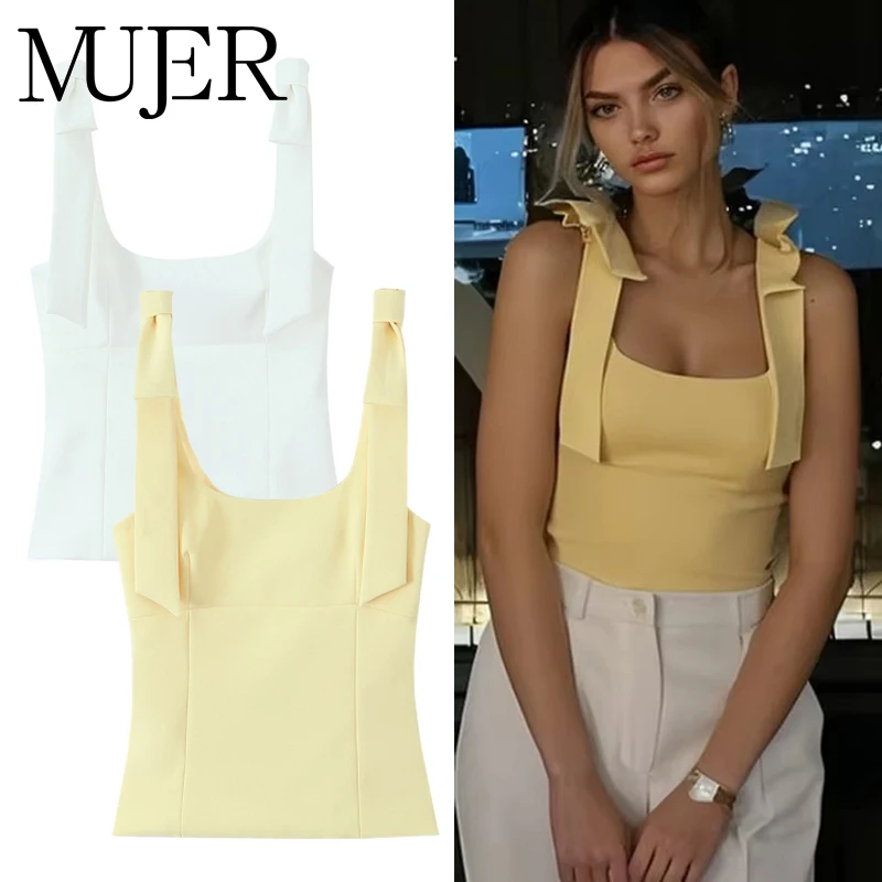 MUJER 2025 Bow Crop Top Woman Yellow Sexy Backless Top Women White Sleeveless Tops for Women Summer Camisole Bustier Top Female
