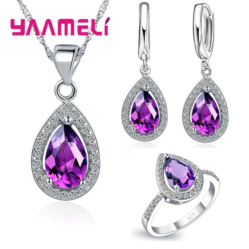 925 Sterling Silver Wedding Bridal Jewelry Sets CZ Crystal Water Drop Cubic Zircon Necklace Earrings Ring Birthday Gifts